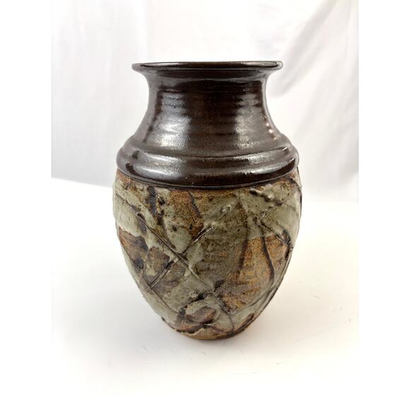 Vintage Studio Art Pottery Vase Impressed Leaf Design Rustic Stoneware Glaze - Picture 7 of 10